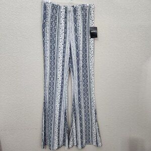 Forever 21 Womens Boho Print Bell Bottom Pants Size L Blue & White Elastic Waist